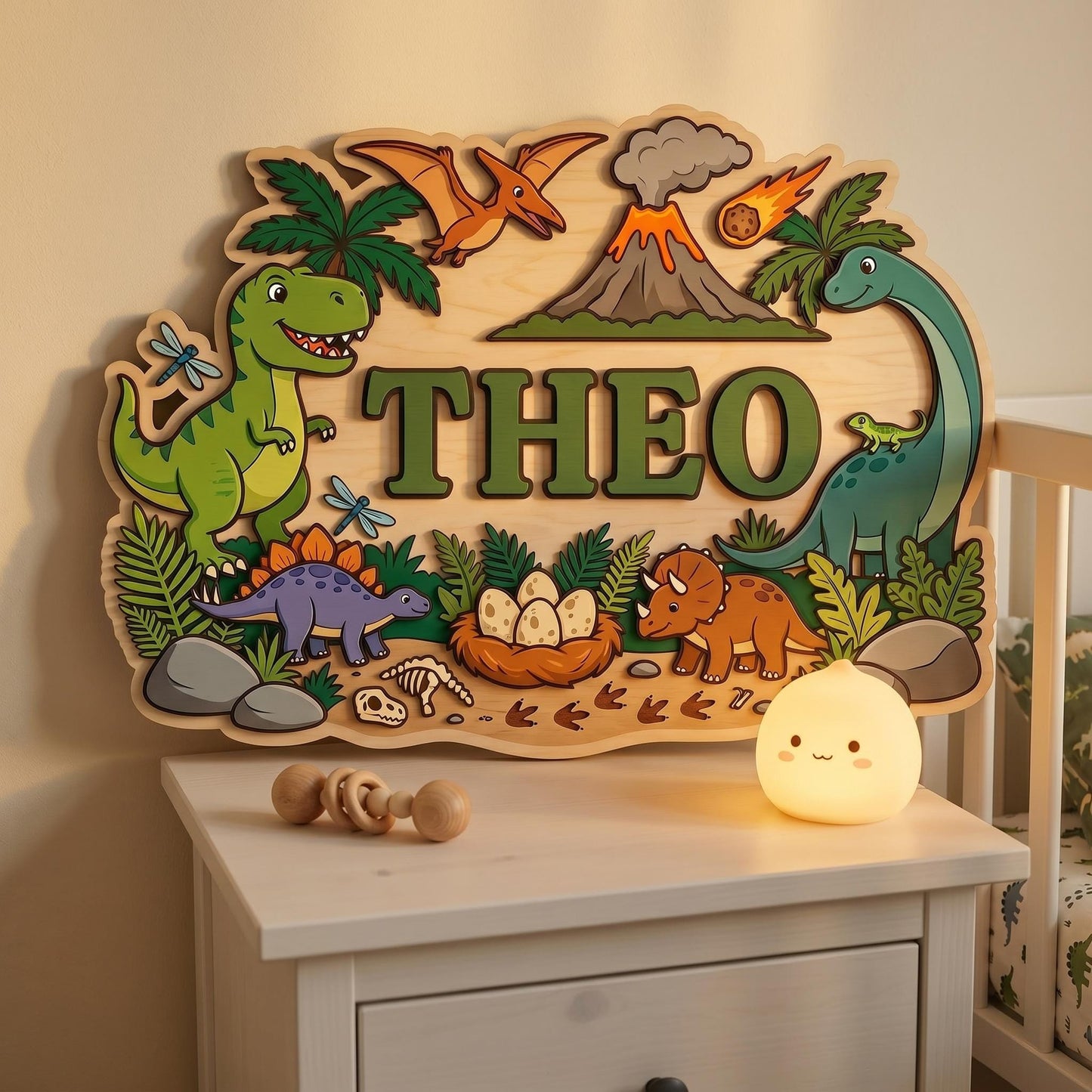 Custom Dinosaur Nursery Name Sign 3D, Personalized Jurassic Baby Boy Room Wall Decor, Wood T-Rex Volcano Plaque, New Parents Gift Ideas
