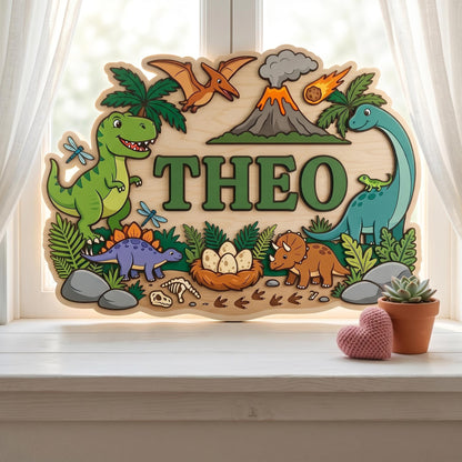 Custom Dinosaur Nursery Name Sign 3D, Personalized Jurassic Baby Boy Room Wall Decor, Wood T-Rex Volcano Plaque, New Parents Gift Ideas