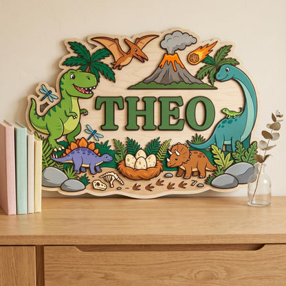 Custom Dinosaur Nursery Name Sign 3D, Personalized Jurassic Baby Boy Room Wall Decor, Wood T-Rex Volcano Plaque, New Parents Gift Ideas