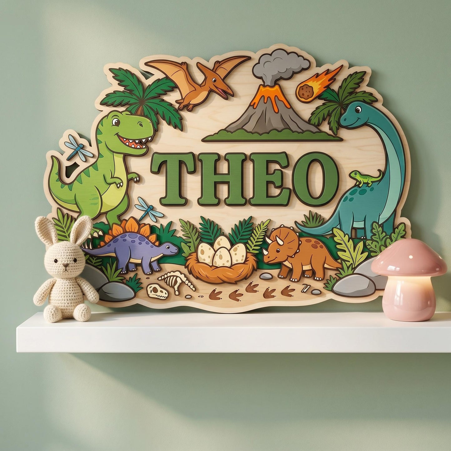 Custom Dinosaur Nursery Name Sign 3D, Personalized Jurassic Baby Boy Room Wall Decor, Wood T-Rex Volcano Plaque, New Parents Gift Ideas