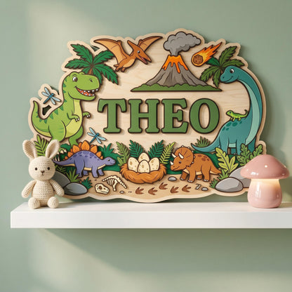 Custom Dinosaur Nursery Name Sign 3D, Personalized Jurassic Baby Boy Room Wall Decor, Wood T-Rex Volcano Plaque, New Parents Gift Ideas