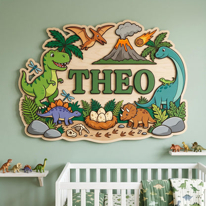 Custom Dinosaur Nursery Name Sign 3D, Personalized Jurassic Baby Boy Room Wall Decor, Wood T-Rex Volcano Plaque, New Parents Gift Ideas