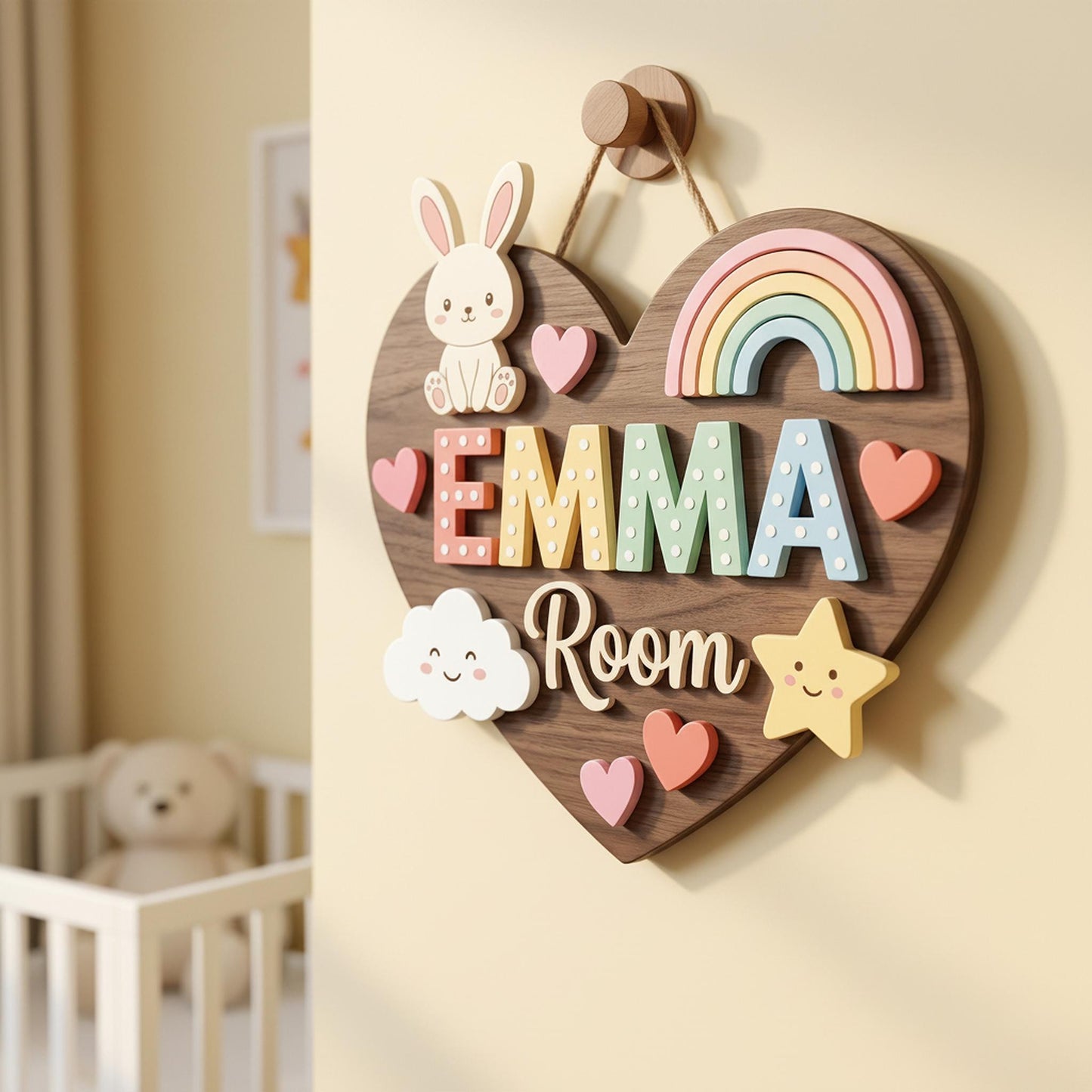 Custom Heart Nursery Name Sign 3D, Personalized Bunny Rainbow Baby Girl Room Wall Decor, Cute Polka Dot Wood Plaque, New Parents Gift Ideas