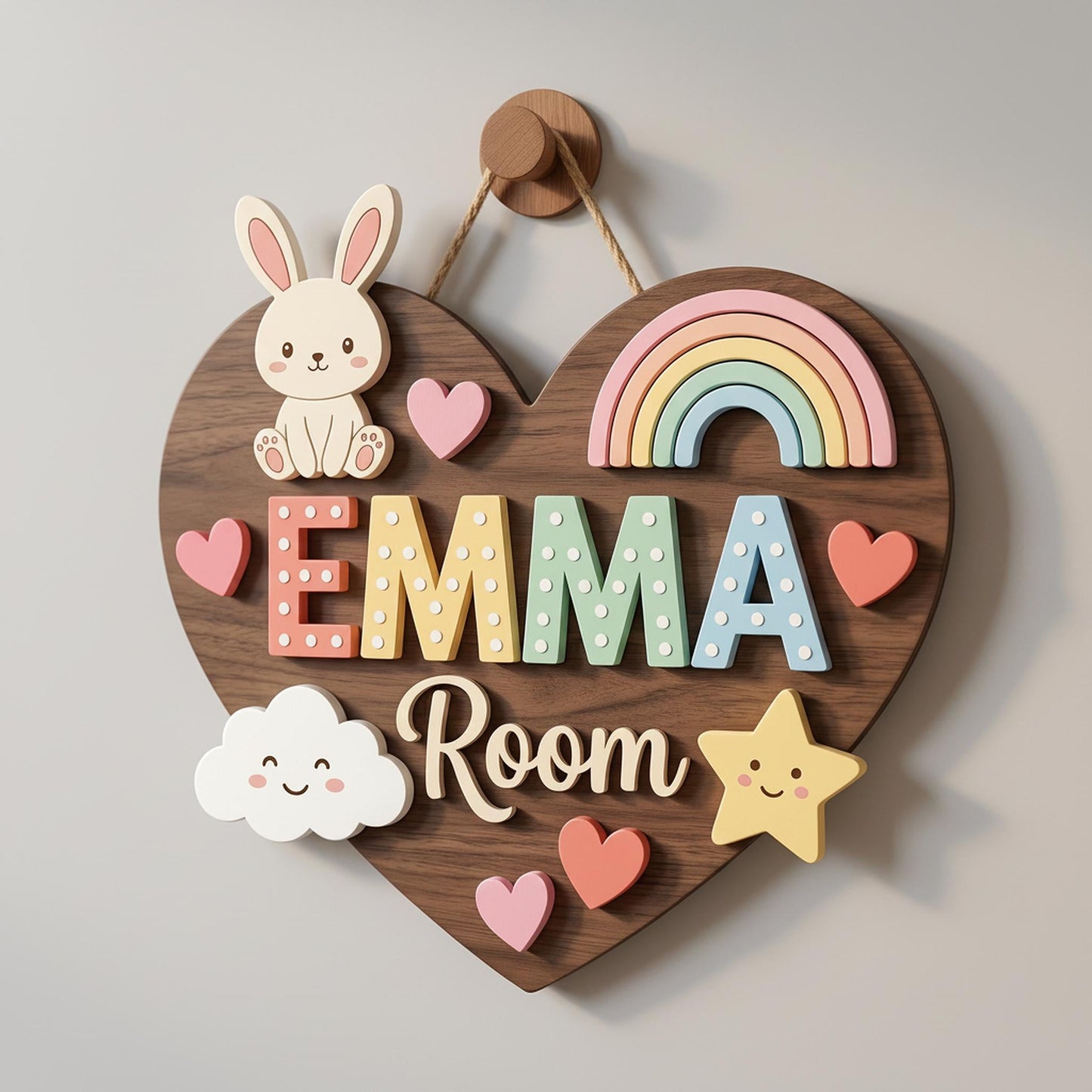 Custom Heart Nursery Name Sign 3D, Personalized Bunny Rainbow Baby Girl Room Wall Decor, Cute Polka Dot Wood Plaque, New Parents Gift Ideas