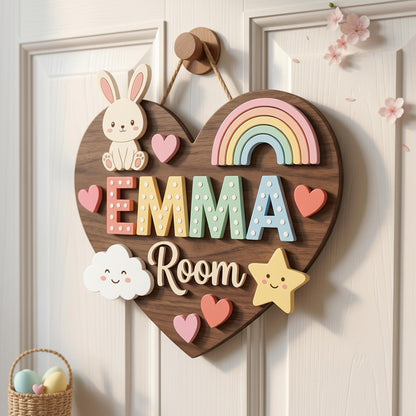 Custom Heart Nursery Name Sign 3D, Personalized Bunny Rainbow Baby Girl Room Wall Decor, Cute Polka Dot Wood Plaque, New Parents Gift Ideas