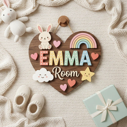 Custom Heart Nursery Name Sign 3D, Personalized Bunny Rainbow Baby Girl Room Wall Decor, Cute Polka Dot Wood Plaque, New Parents Gift Ideas