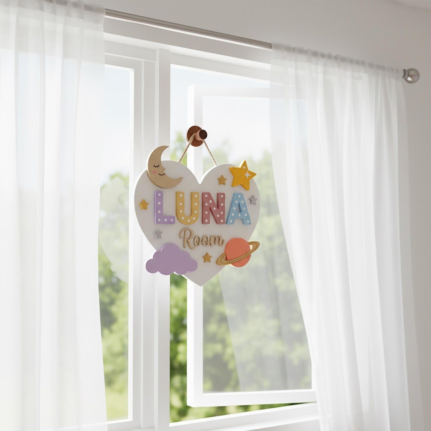 Personalized Moon Star Nursery Wall Decor, Custom 3D Wood Heart Shaped Name Sign, Baby Girl Bedroom Door Hanger Plaque, Baby Shower Gift
