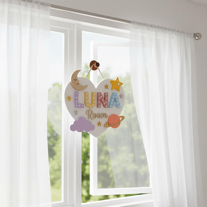 Personalized Moon Star Nursery Wall Decor, Custom 3D Wood Heart Shaped Name Sign, Baby Girl Bedroom Door Hanger Plaque, Baby Shower Gift