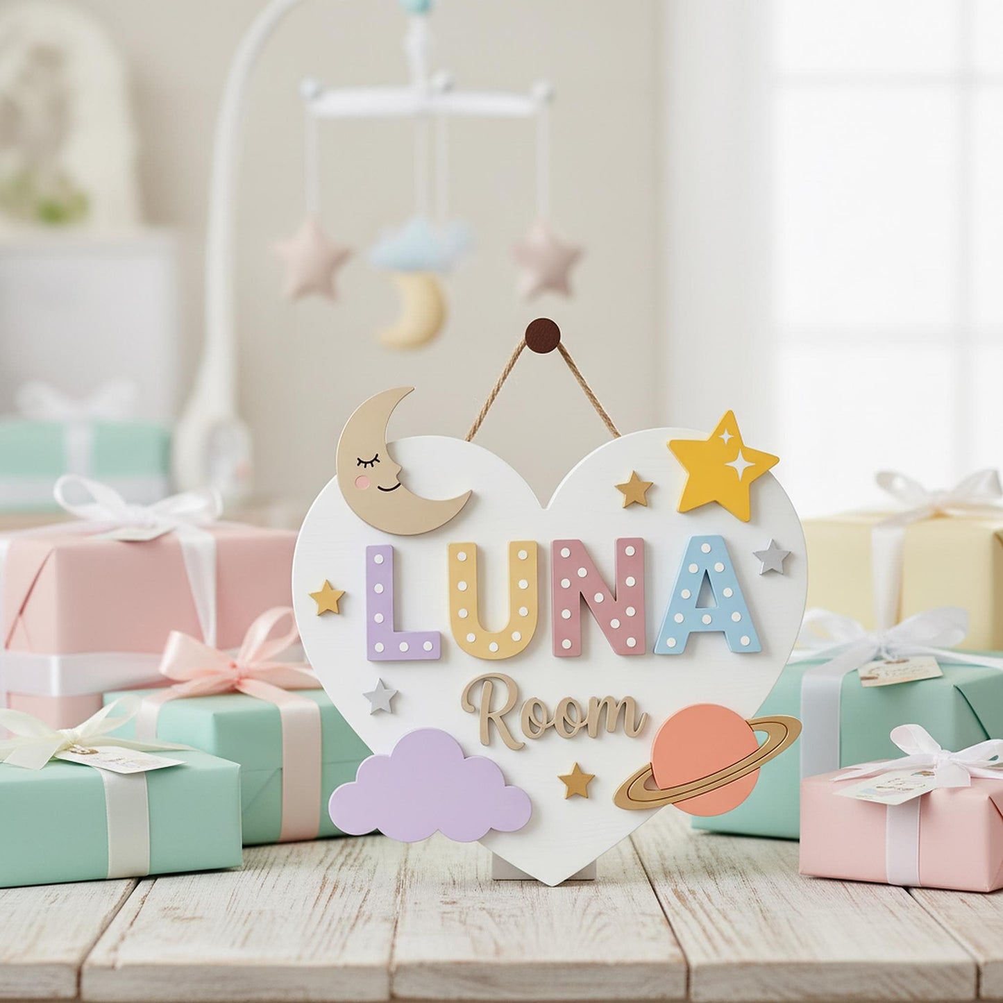 Personalized Moon Star Nursery Wall Decor, Custom 3D Wood Heart Shaped Name Sign, Baby Girl Bedroom Door Hanger Plaque, Baby Shower Gift