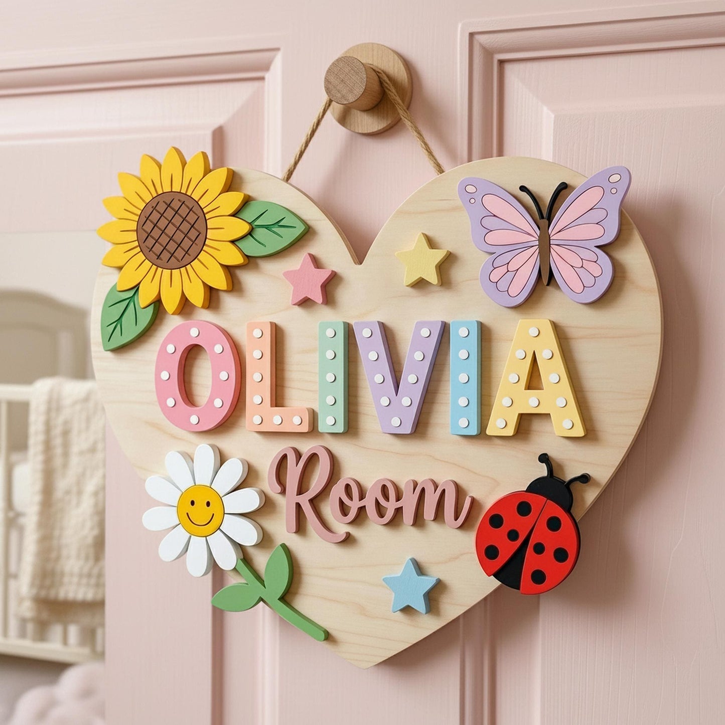 Custom Heart Nursery Name Sign 3D, Personalized Butterfly Baby Girl Room Wall Decor, Baby Girl Bedroom Door Hanger Plaque, Baby Shower Gift