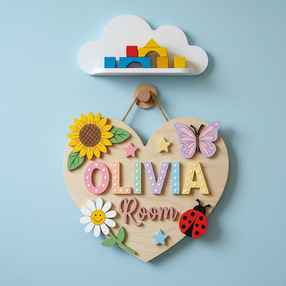 Custom Heart Nursery Name Sign 3D, Personalized Butterfly Baby Girl Room Wall Decor, Baby Girl Bedroom Door Hanger Plaque, Baby Shower Gift