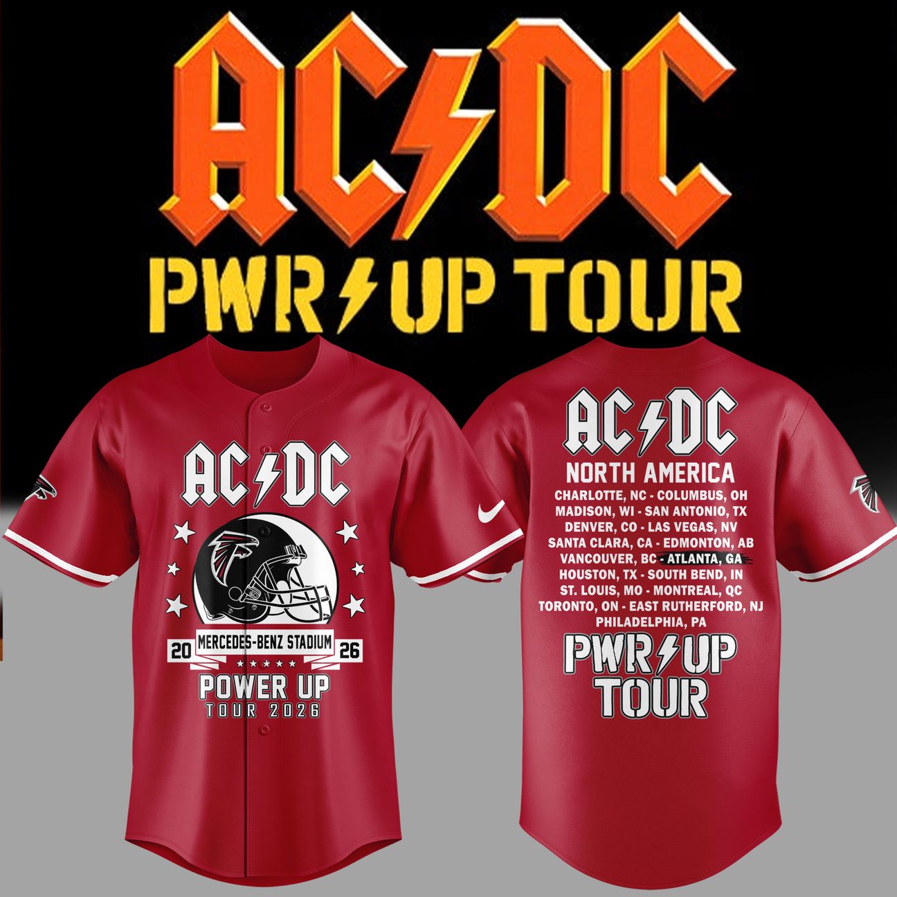 01.29. Special AC/DC x Atlanta Falcons - Power Up Tour 2026 Baseball Jersey