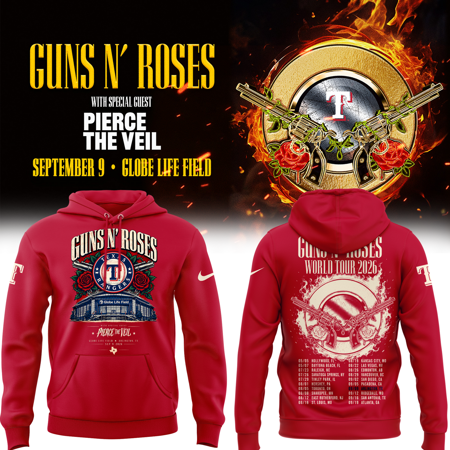 GNR x Texas Rangers Globe Life Field 2026 Tour Hoodie