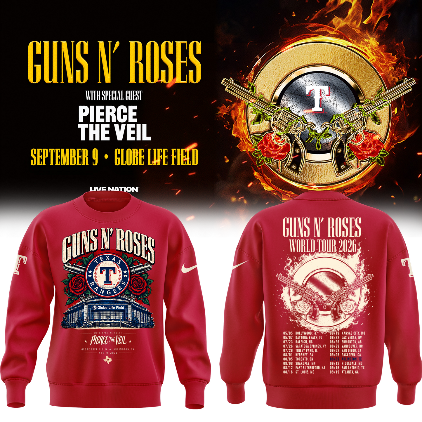 GNR x Texas Rangers Globe Life Field 2026 Tour Sweatshirt