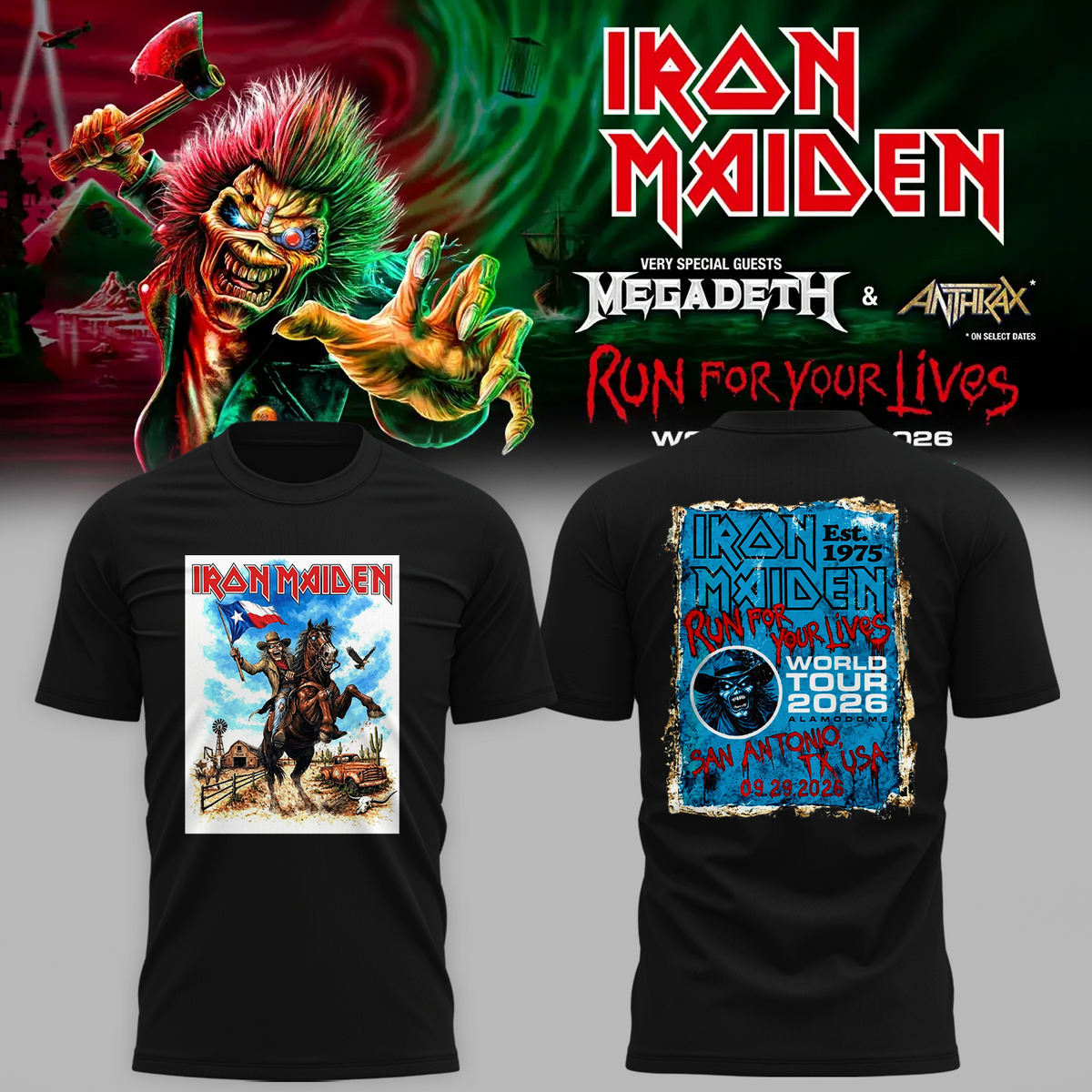 Iron Maiden San Antonio TX Event Tee 2026 Live At Alamodome On September 29 2026 Run For Your Lives Tour T-Shirt
