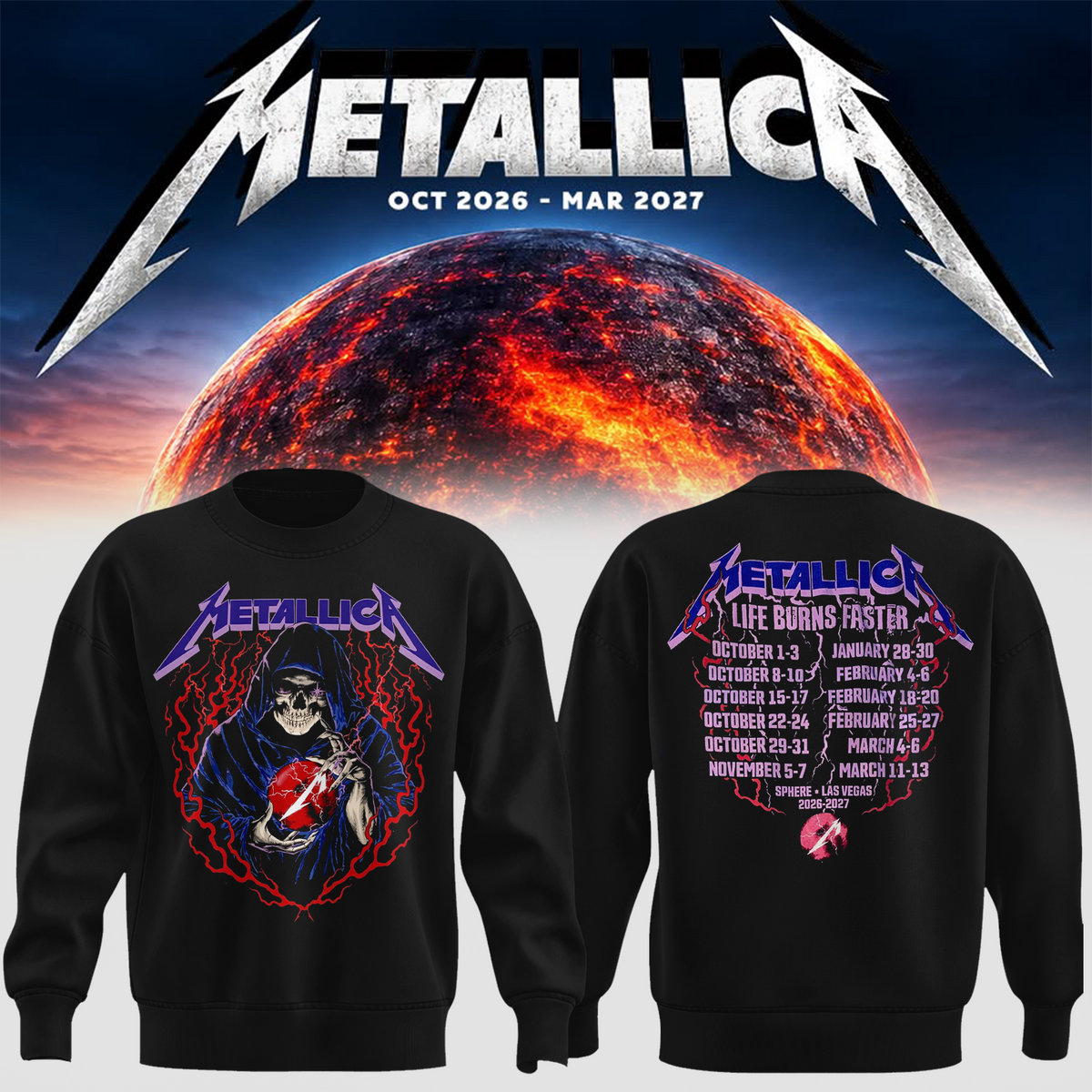 MTLC Life Burns Faster 2026 2027 Las Vegas Merch Tee Live At Sphere Tour Dates Skeleton Wizard Two Sided Sweater