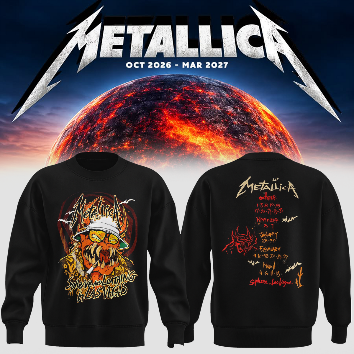 MTLC Life Burns Faster 2026 2027 Las Vegas Merch Tee Live At Sphere Tour Dates Skeleton Wizard Two Sided Sweater