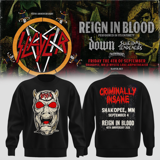 _Slayer_Shakopee MN 2026 Event Tee Reign In Blood 40 Anniversary Tour September 4 2026 Two Sided Sweater