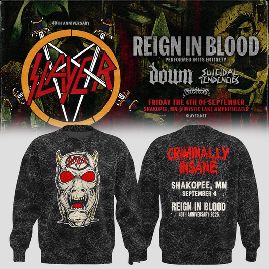_Slayer_Shakopee MN 2026 Event Tee Reign In Blood 40 Anniversary Tour September 4 2026 Two Sided Sweater