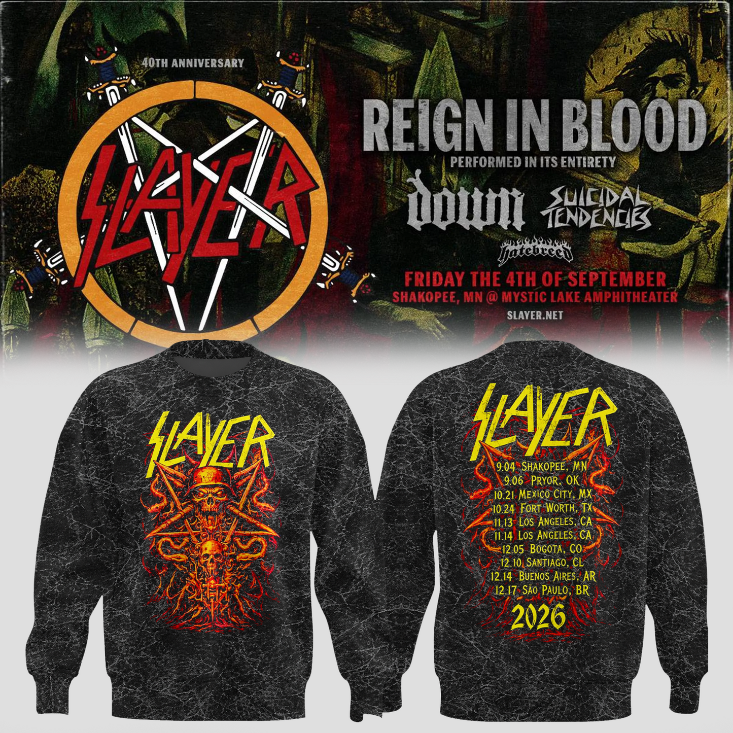 _Slayer_Shakopee MN 2026 Event Tee Reign In Blood 40 Anniversary Tour September 4 2026 Two Sided Sweater