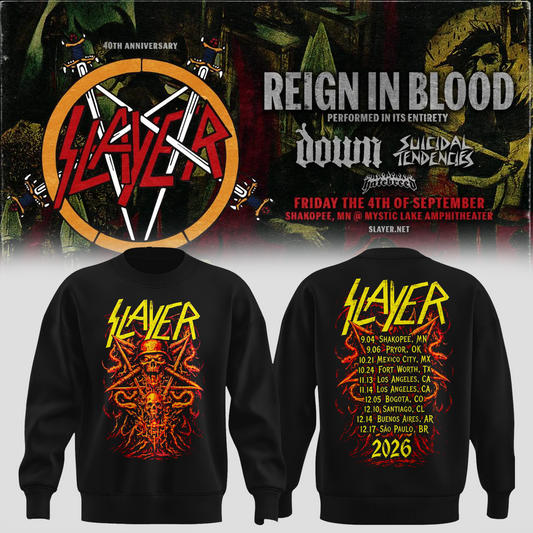 _Slayer_Shakopee MN 2026 Event Tee Reign In Blood 40 Anniversary Tour September 4 2026 Two Sided Sweater