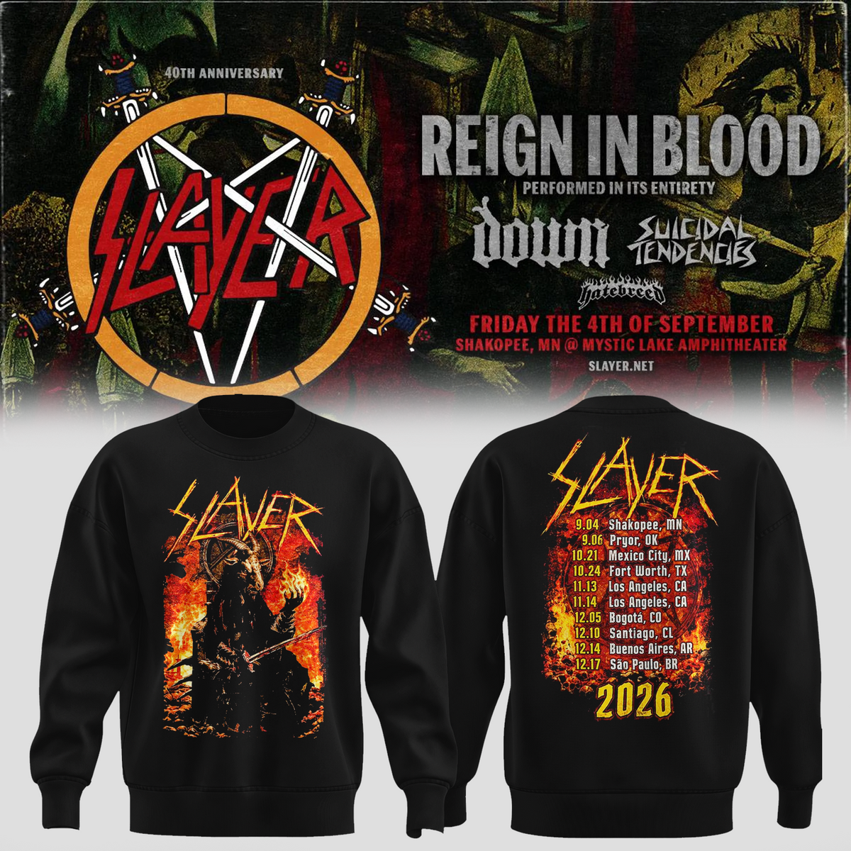 _Slayer_Shakopee MN 2026 Event Tee Reign In Blood 40 Anniversary Tour September 4 2026 Two Sided Sweater