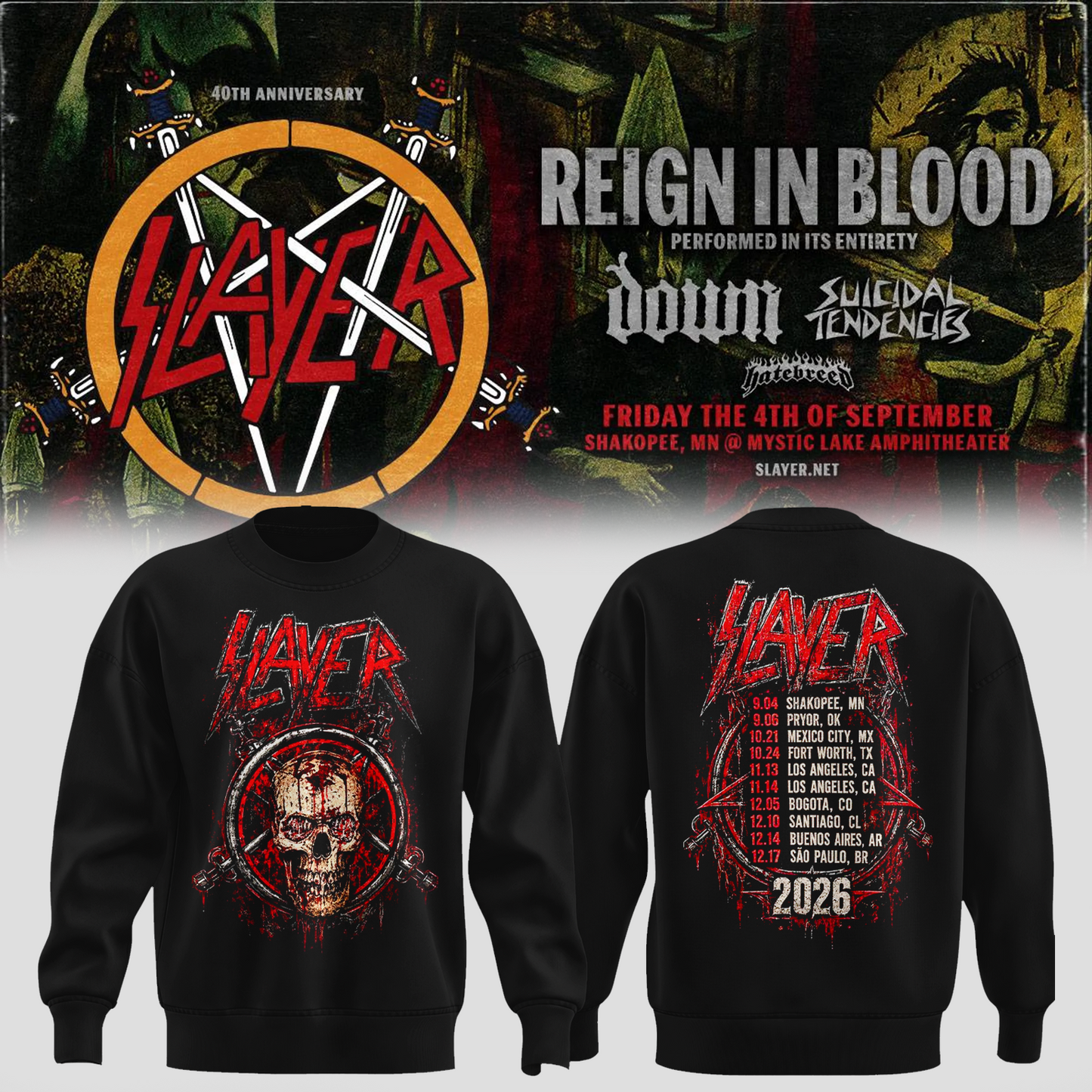 _Slayer_Shakopee MN 2026 Event Tee Reign In Blood 40 Anniversary Tour September 4 2026 Two Sided Sweater