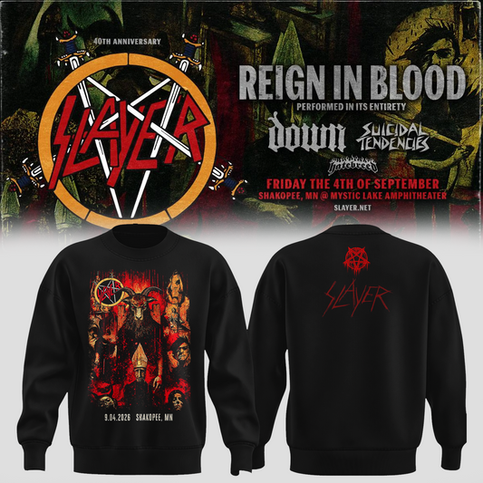 _Slayer_Shakopee MN 2026 Event Tee Reign In Blood 40 Anniversary Tour September 4 2026 Two Sided Sweater