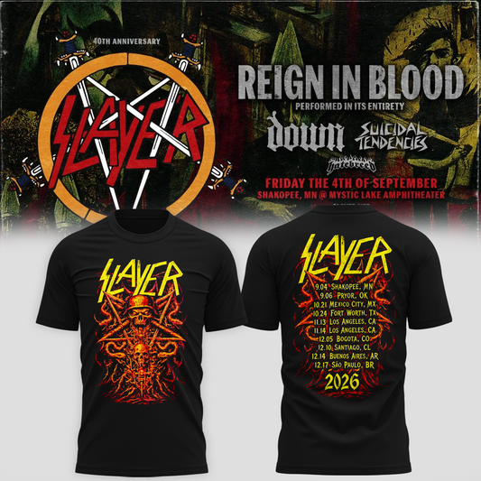_Slayer_Shakopee MN 2026 Event Tee Reign In Blood 40 Anniversary Tour September 4 2026 Two Sided T-Shirt