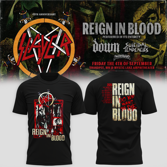 _Slayer_Shakopee MN 2026 Event Tee Reign In Blood 40 Anniversary Tour September 4 2026 Two Sided T-Shirt