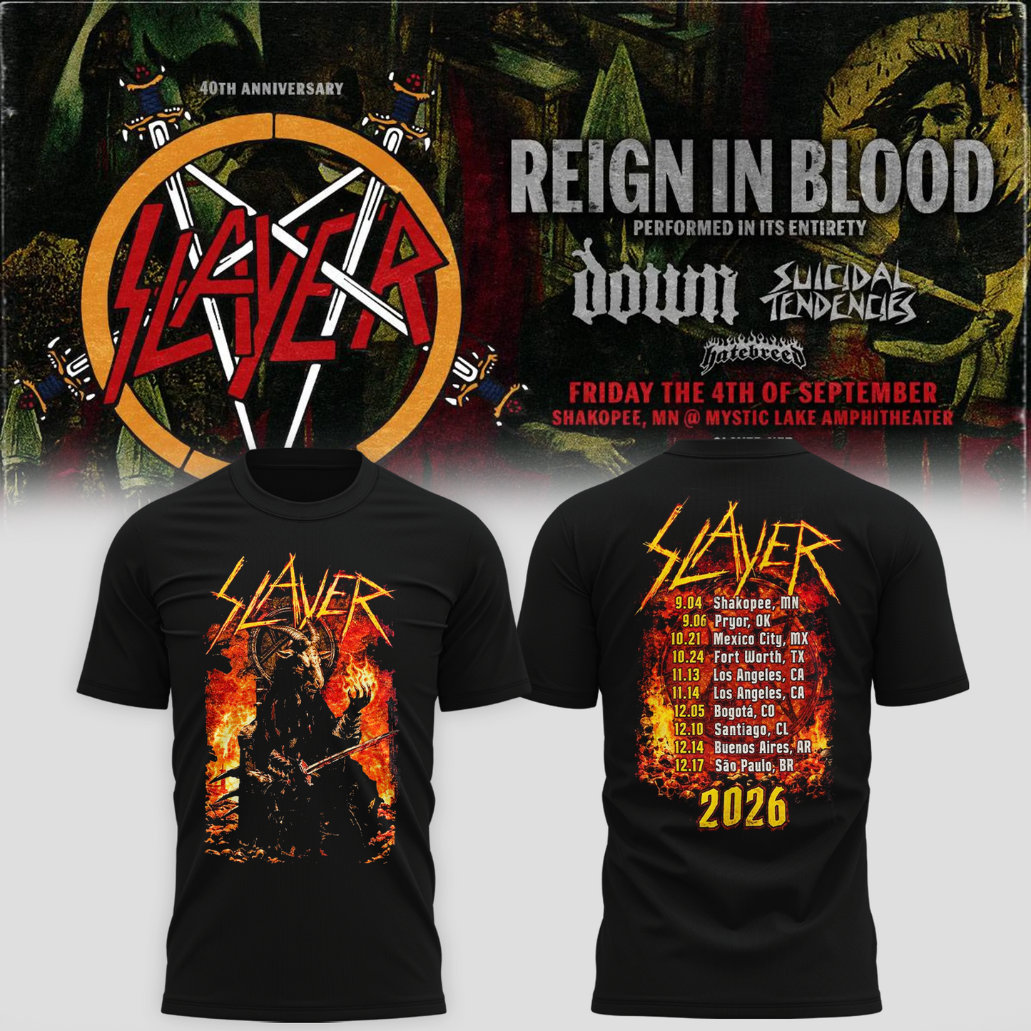_Slayer_Shakopee MN 2026 Event Tee Reign In Blood 40 Anniversary Tour September 4 2026 Two Sided T-Shirt