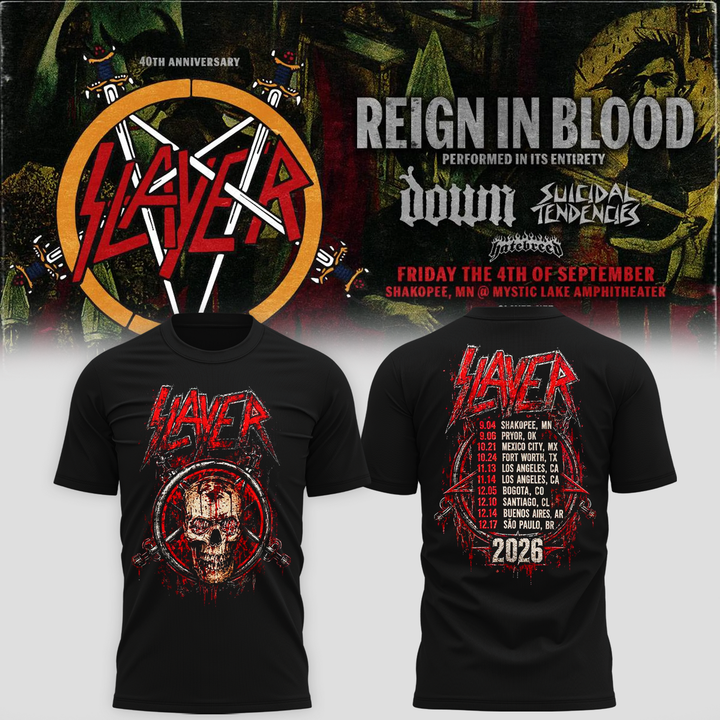 _Slayer_Shakopee MN 2026 Event Tee Reign In Blood 40 Anniversary Tour September 4 2026 Two Sided T-Shirt