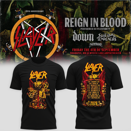 _Slayer_Shakopee MN 2026 Event Tee Reign In Blood 40 Anniversary Tour September 4 2026 Two Sided T-Shirt
