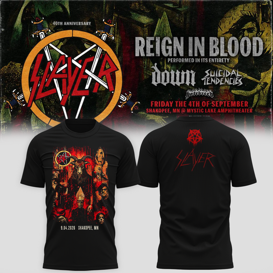 _Slayer_Shakopee MN 2026 Event Tee Reign In Blood 40 Anniversary Tour September 4 2026 Two Sided T-Shirt